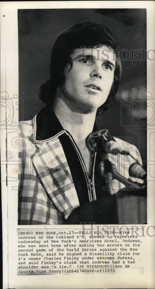 1973 Press Photo Athletics' baseball player Mike Andrews, Americana Hotel, NY- Historic Images