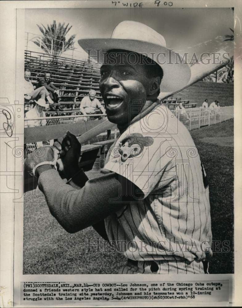 1968 Press Photo Cubs&#39; baseball player Lou Johnson, Angels spring training, AZ- Historic Images
