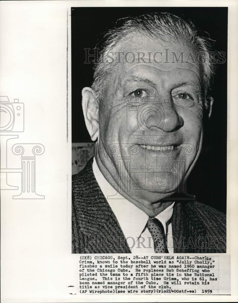 1959 Press Photo Chicago Cubs&#39; baseball Vice President Charlie Grimm, Chicago- Historic Images