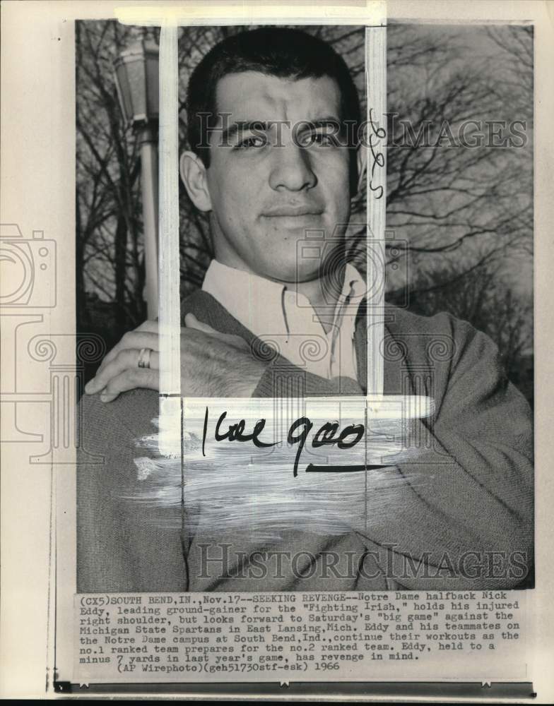 1966 Press Photo Injured Notre Dame&#39;s football player Nick Eddy, South Bend, ID- Historic Images