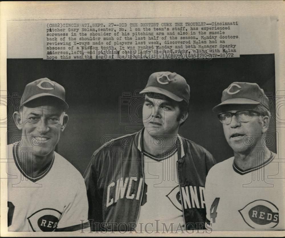 1972 Press Photo Reds' Gary Nolan, Sparky Anderson, Larry Shepard, baseball, OH- Historic Images