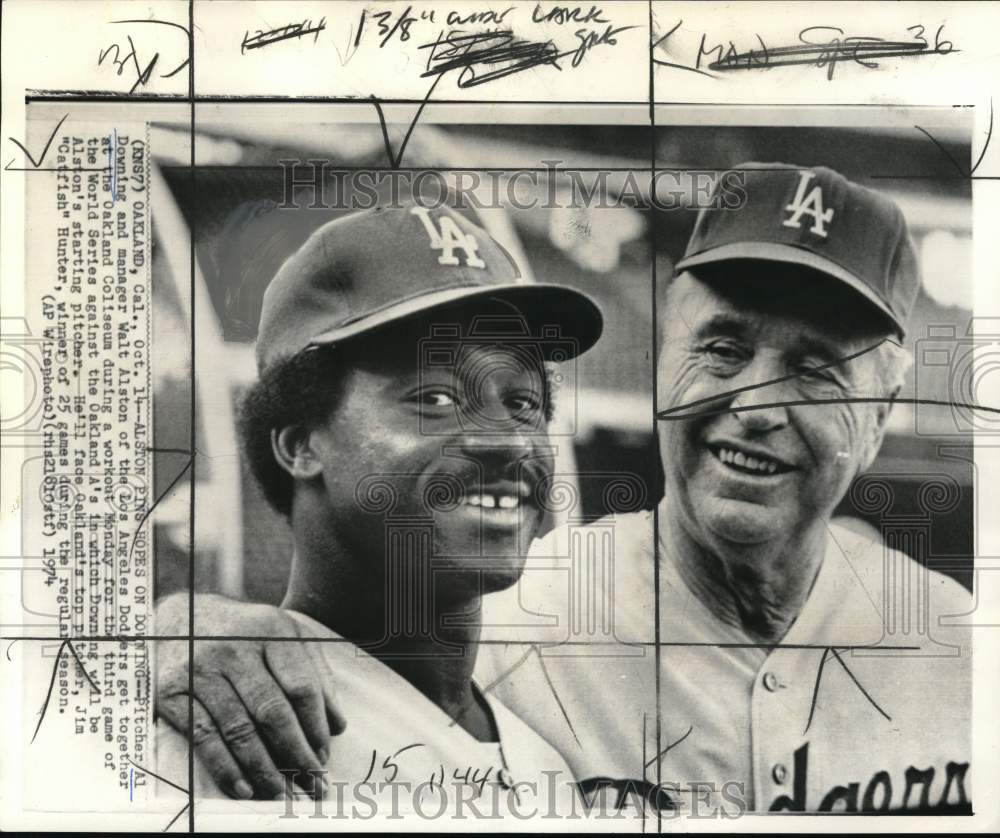 1974 Press Photo Al Downing, Walt Alston, Dodgers baseball, Oakland Coliseum, CA- Historic Images