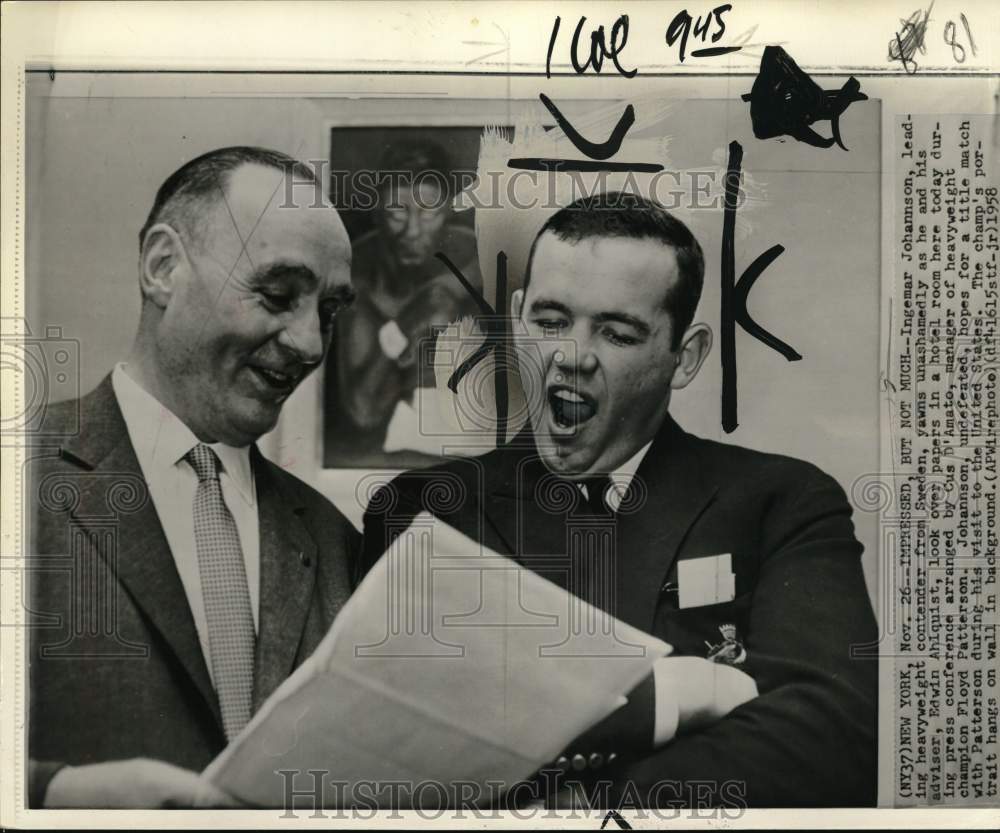1958 Press Photo Boxer Ingemar Johansson &amp; adviser Edwin Ahlquist, New York- Historic Images