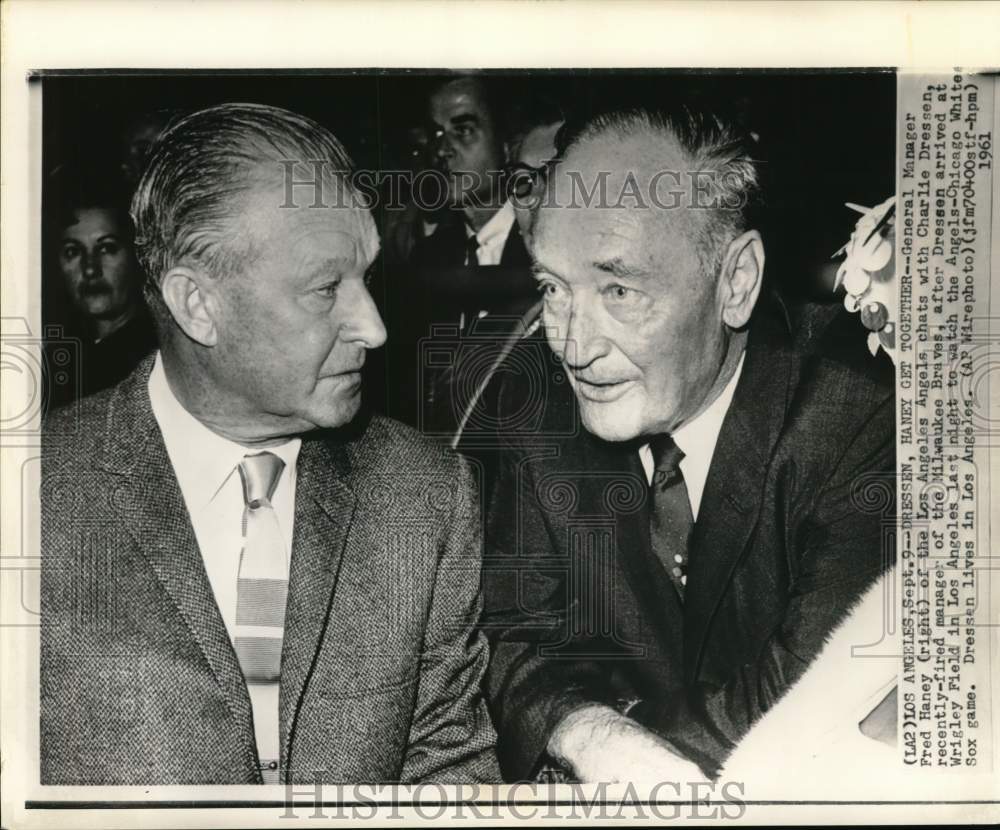 1961 Press Photo Los Angeles Angles&#39; Fred Haney &amp; Charlie Dressen, Los Angeles- Historic Images