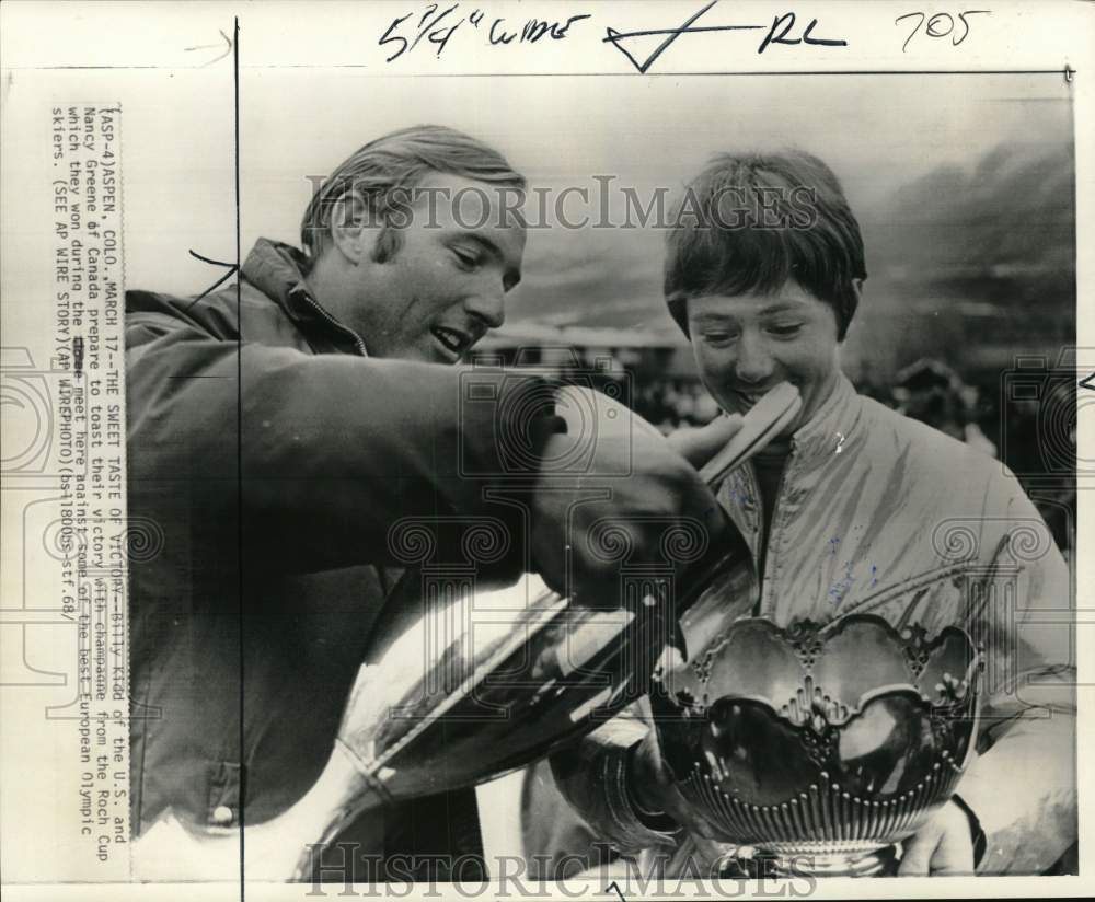 1968 Press Photo Skiers Billy Kidd &amp; Nancy Greene wins Roch Cup, Aspen, Colorado- Historic Images