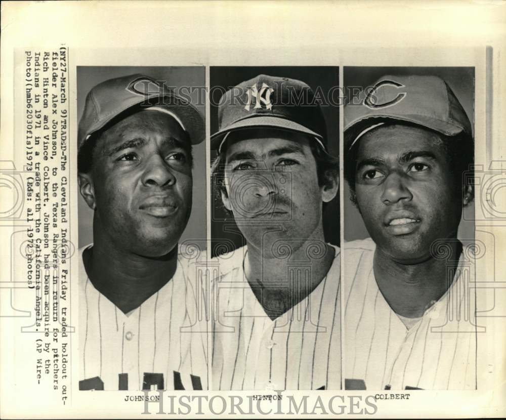 1972 Press Photo Baseball players Alex Johnson, Rich Hinton & Vince Colbert- Historic Images