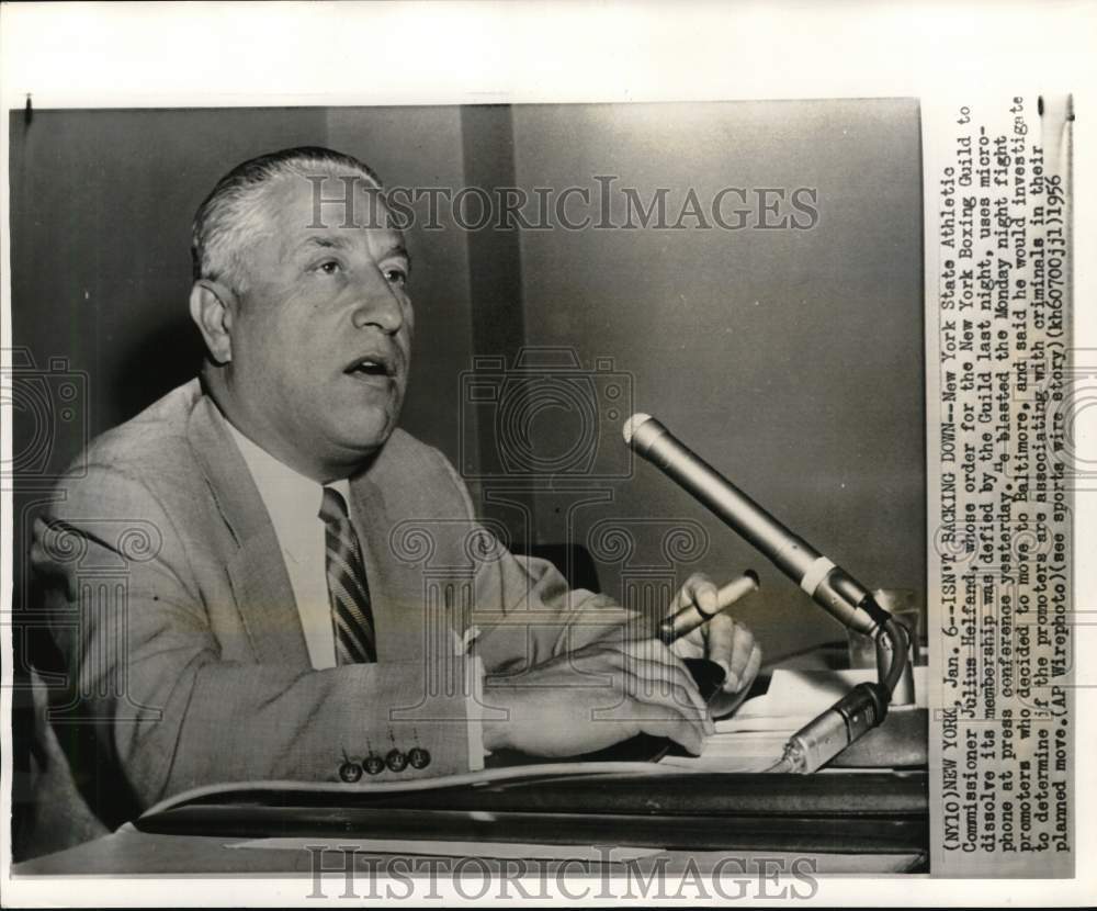 1956 Press Photo Athletic Commissioner Julius Helfand at press conference, NY- Historic Images