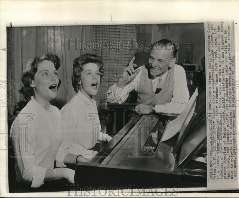 1960 Press Photo Figure skaters Carol & Nancy Heiss sing with father Edward, NY- Historic Images