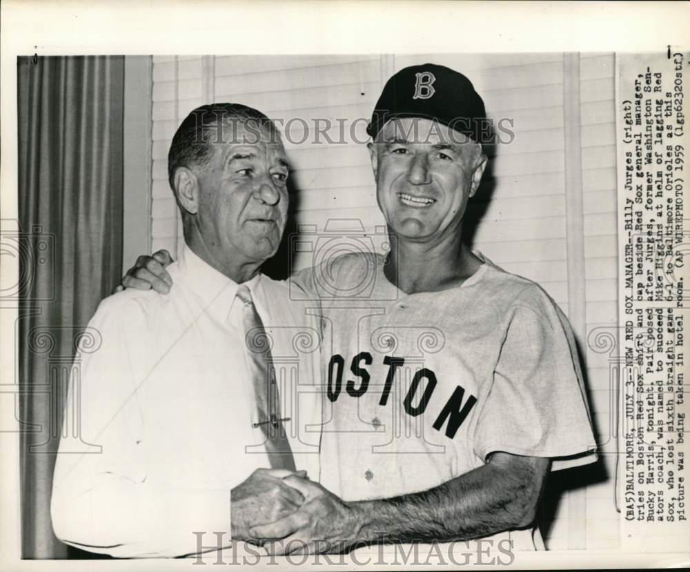 1959 Press Photo Red Sox Baseball Team&#39;s Bucky Harris And Manager Bill Jurges- Historic Images