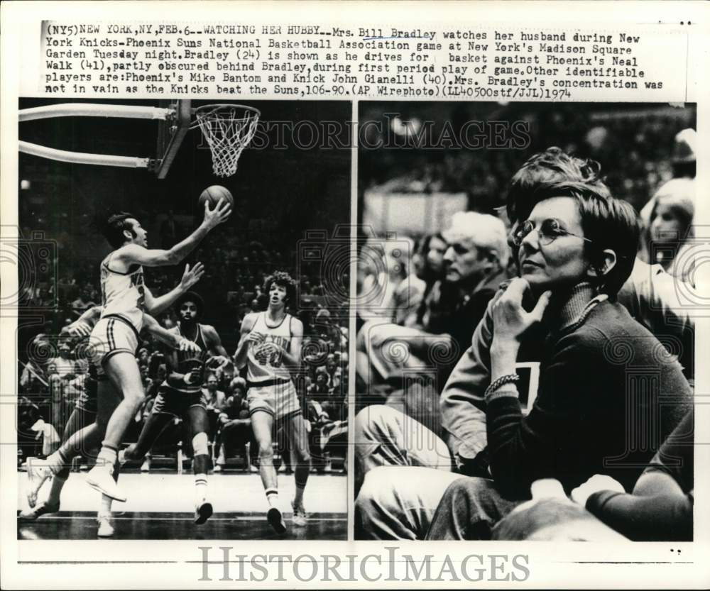 1974 Press Photo Mrs. Bill Bradley at Knicks-Suns basketball game, New York- Historic Images