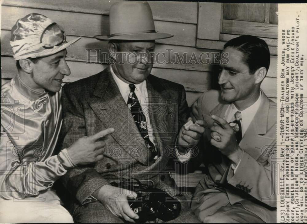 1948 Press Photo Horse Trainer Ben Jones with Eddie Arcaro &amp; Newgold Pierson, KY- Historic Images
