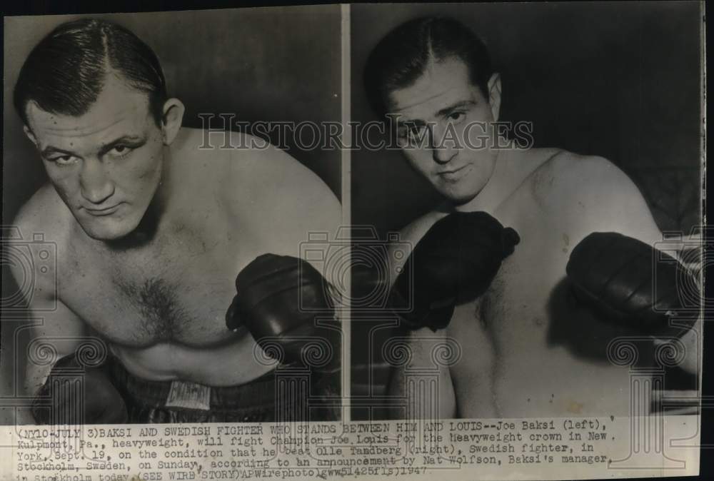 1947 Press Photo Boxer Joe Baksi And Swedish Fighter Olle Tandberg Before Fight- Historic Images