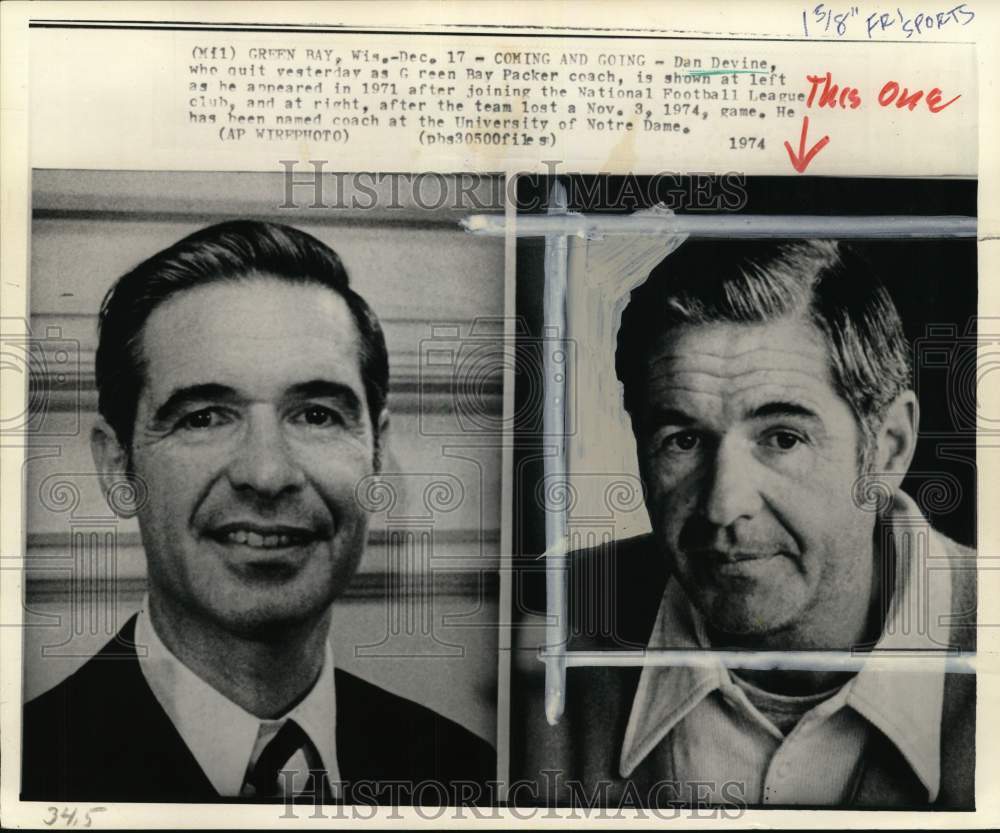 1974 Press Photo Green Bay Packers former football Dan Devine, Wisconsin- Historic Images