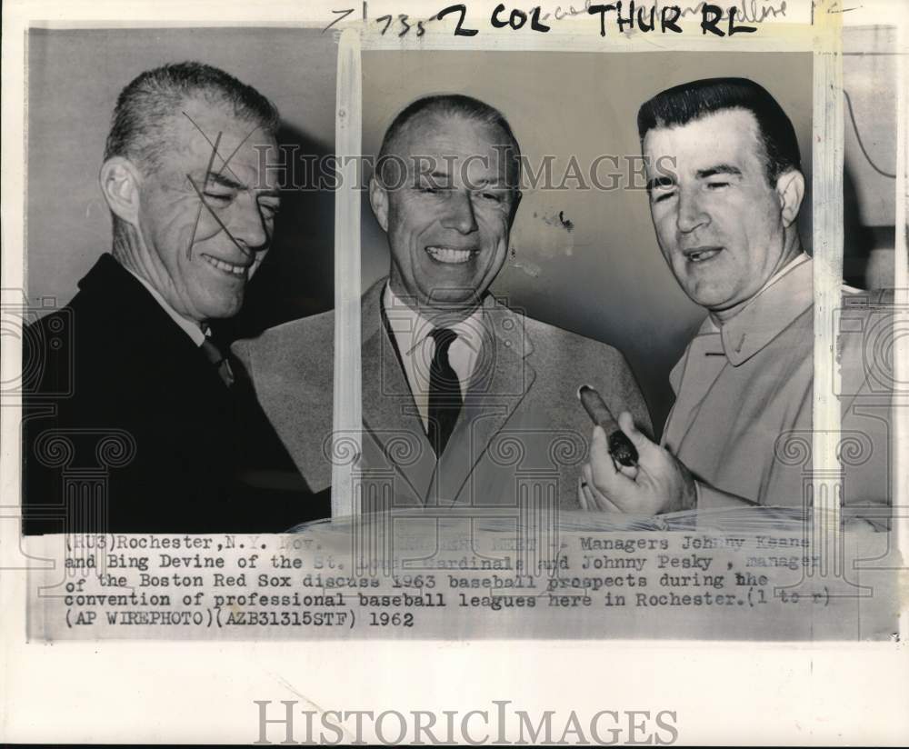 1962 Press Photo Baseball managers Johnny Keane, Bing Devine &amp; Johnny Pesky, NY- Historic Images