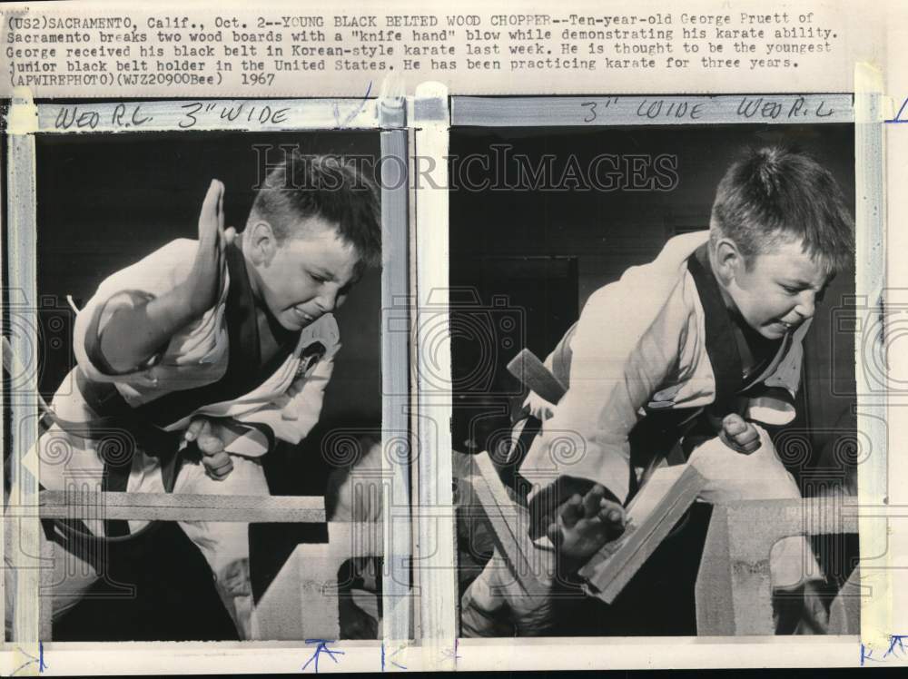 1967 Press Photo 10-Year-Old George Pruett Breaks Wood In Sacramento Karate Show- Historic Images