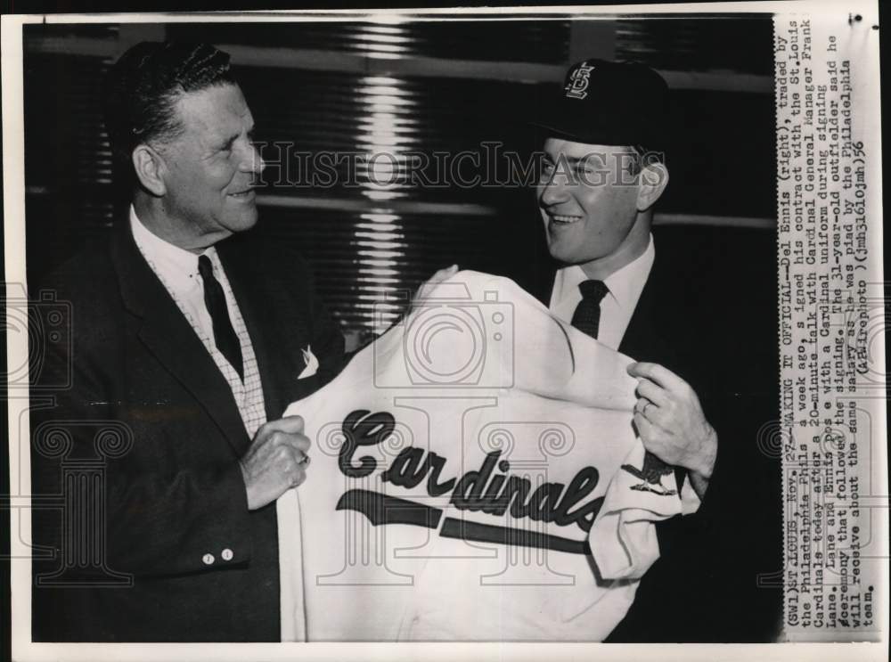 1956 Press Photo Cardinals' baseball player Del Ennis & manager Frank ...