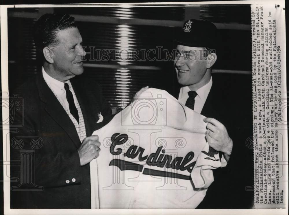 1956 Press Photo Cardinals' baseball player Del Ennis & manager Frank Lane, MO- Historic Images