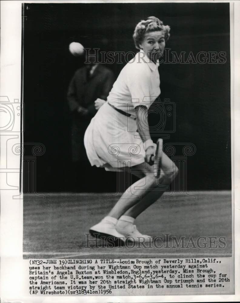 1956 Press Photo Tennis player Louise Brough, Wightman Cup match, California- Historic Images