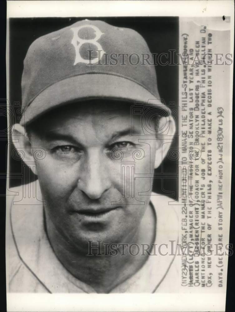 1943 Press Photo Brooklyn Dodgers baseball Charles Dressen, New York- Historic Images