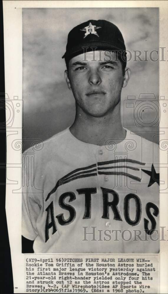 1968 Press Photo Portrait of Houston Astros&#39; baseball player Tom Griffin, Texas- Historic Images