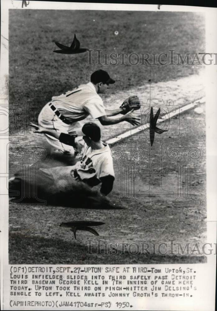 1950 Press Photo Detroit Tigers&#39; George Kell &amp; St. Louis&#39; Tom Upton in game, MI- Historic Images