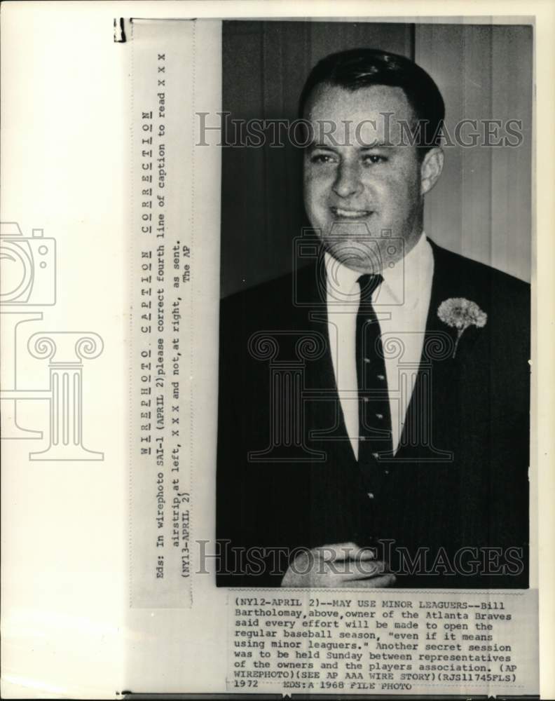 1968 Press Photo Atlanta Braves baseball club owner Bill Bartholomay - pis05981- Historic Images