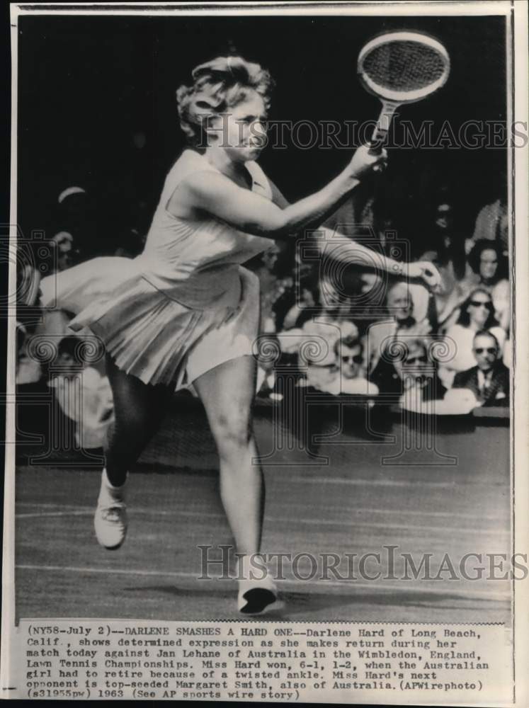 1963 Press Photo Tennis player Darlene Hard during Wimbledon Tennis, England- Historic Images