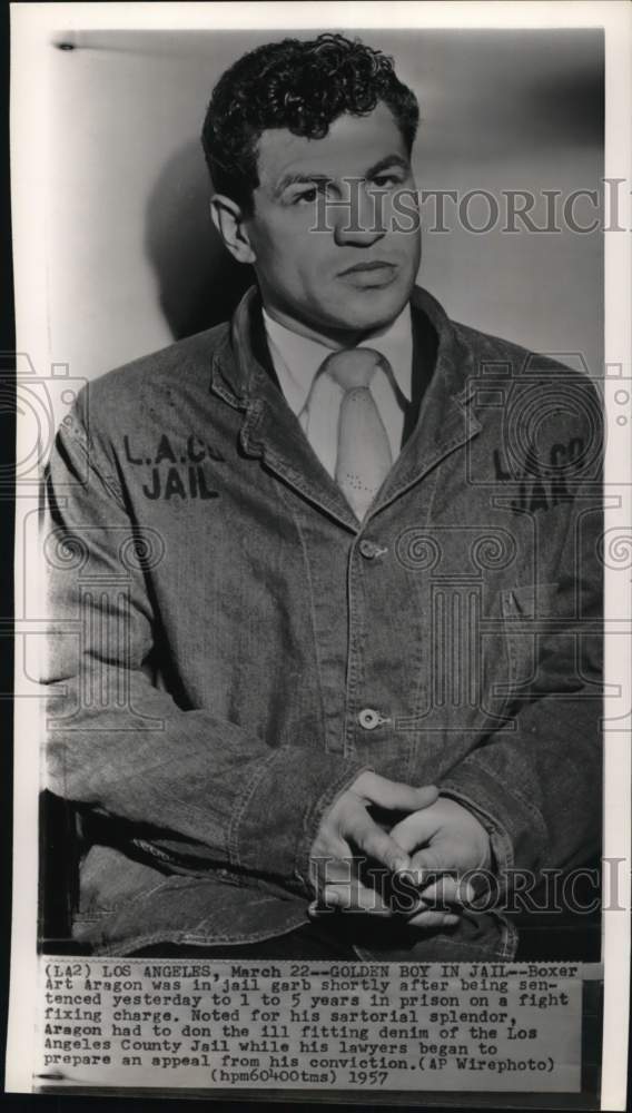 1957 Press Photo Boxer Art Aragon in jail for fight-fixing charges, Los Angeles- Historic Images