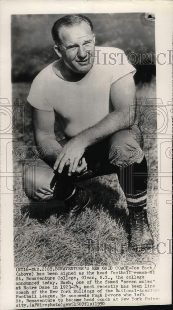 1950 Press Photo St. Bonaventure College&#39;s head football coach Joe Bach- Historic Images