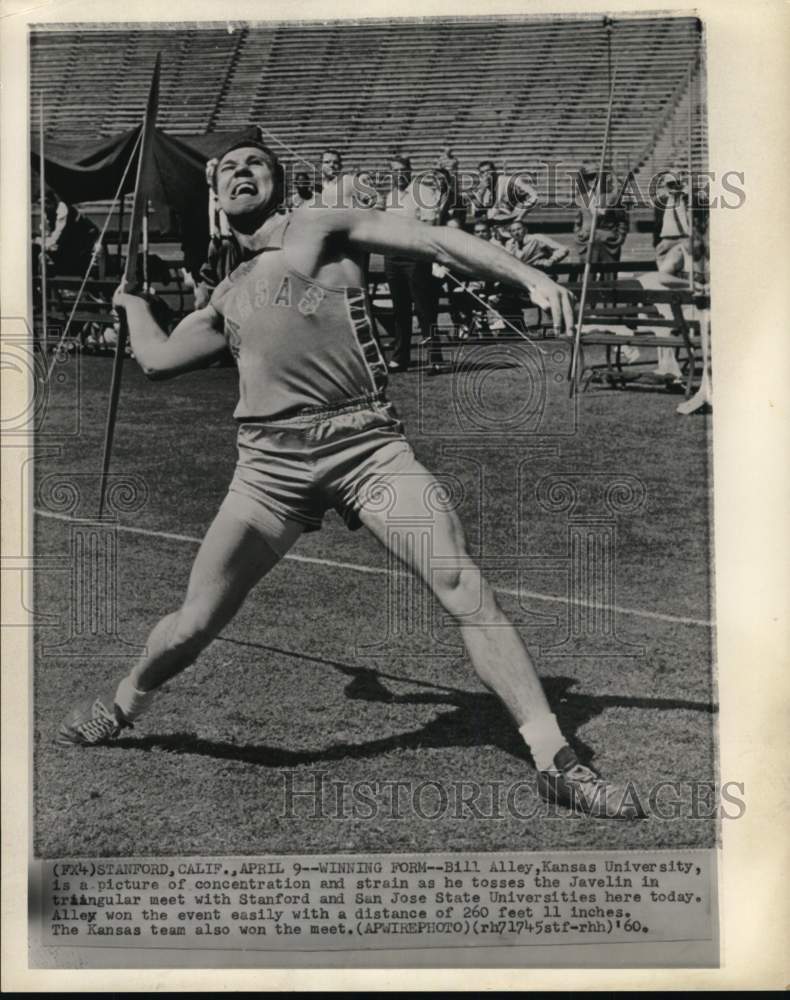 1960 Press Photo Javelin Thrower Bill Alley of Kansas University in Stanford, CA- Historic Images