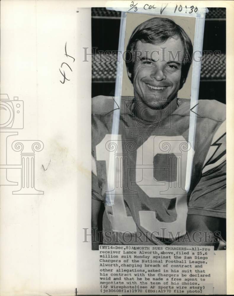 1970 Press Photo San Diego Chargers football player Lance Alworth, NFL- Historic Images