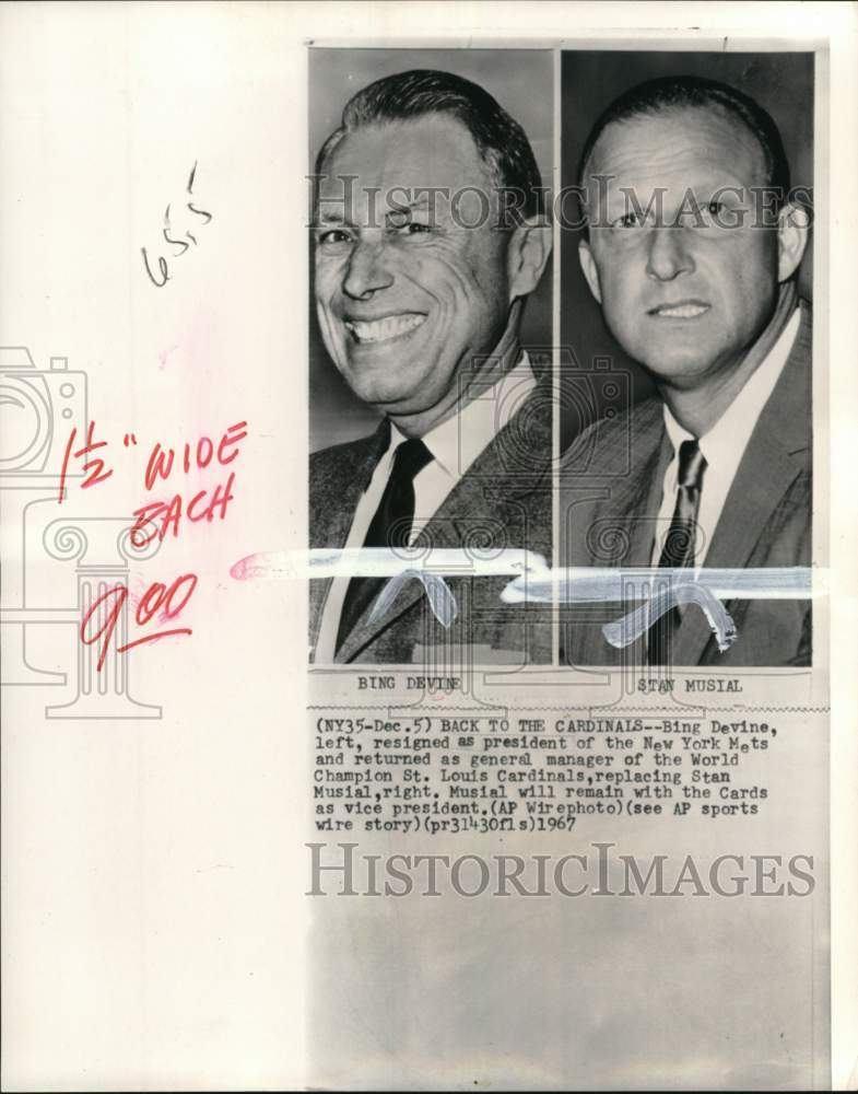 1967 Press Photo Cardinals&#39; baseball general manager Bing Devine, VP Stan Musial- Historic Images