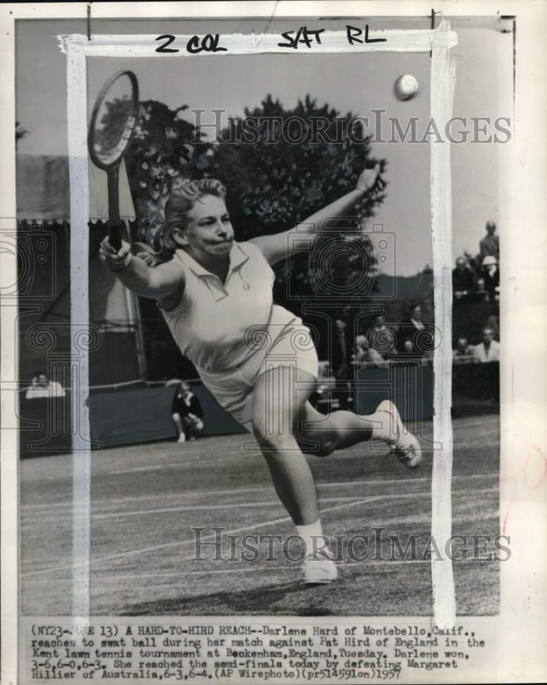 1957 Press Photo Darlene Hard in action, Kent lawn Tennis tournament, Beckenham- Historic Images