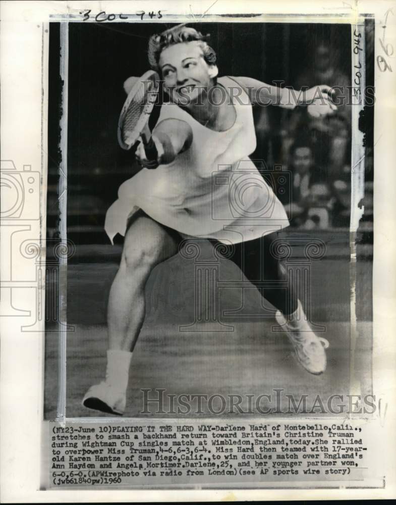 1960 Press Photo Tennis player Darlene Hard, Wightman Cup, Wimbledon, England- Historic Images