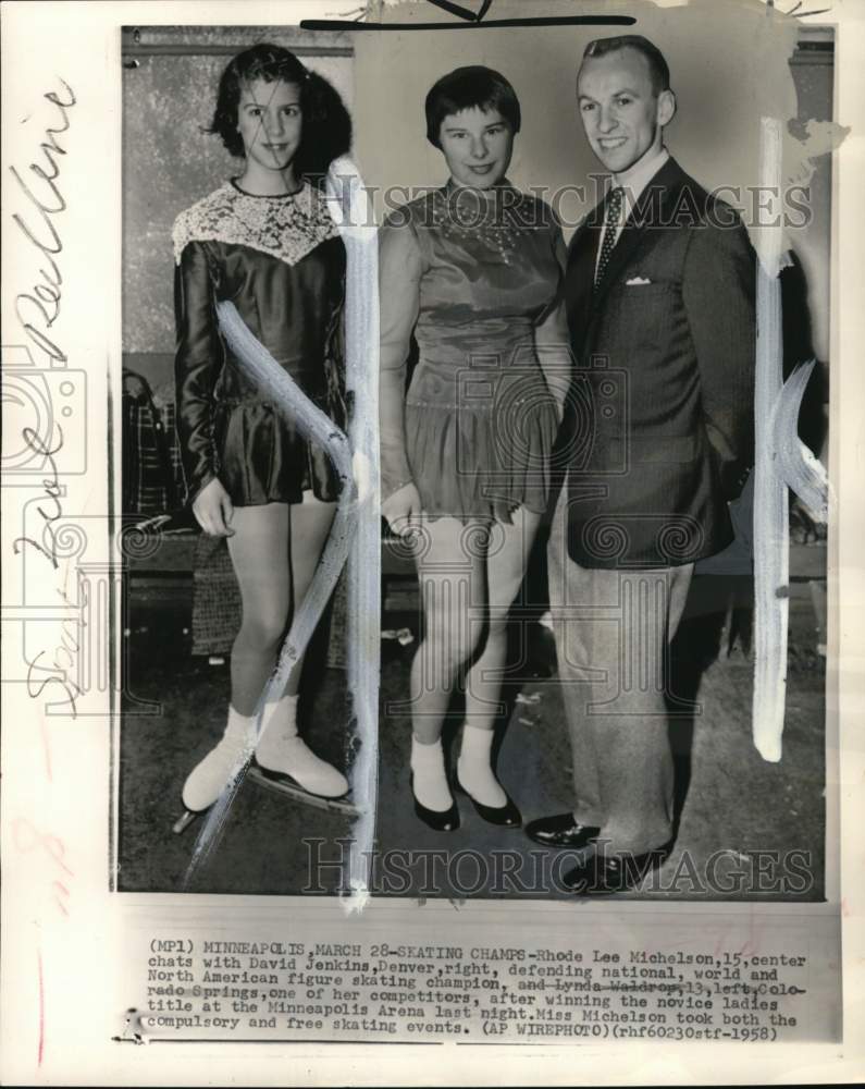 1958 Press Photo Lynda Waldrop, Rhode Lee Michelson &amp; David Jenkins, Skating, MN- Historic Images
