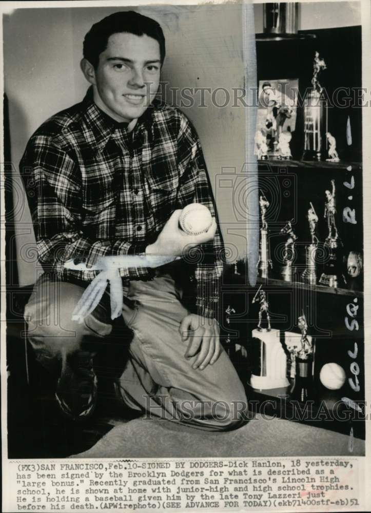1951 Press Photo Dick Hanlon signed by Brooklyn Dodgers, Baseball, San Francisco- Historic Images