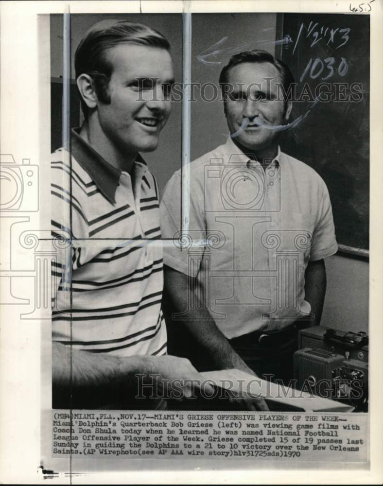 1970 Press Photo Dolphins&#39; Bob Griese &amp; coach Don Shula, Football, Miami, FL- Historic Images