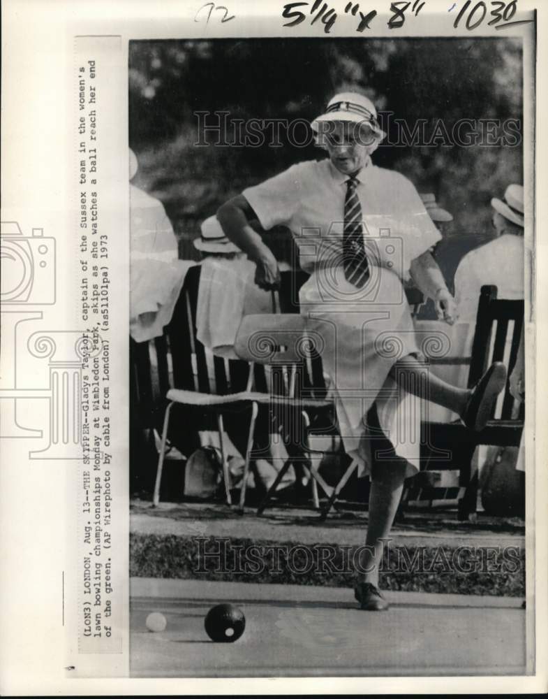 1973 Press Photo Sussex's Gladys Taylor in Lawn Bowling Championships, London- Historic Images