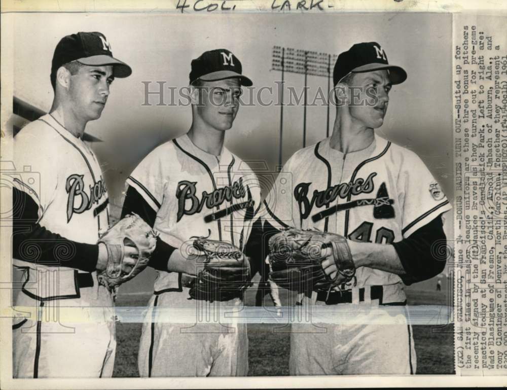 1961 Press Photo Wade Blasingame, Arnold Umback & Tony Cloninger, Baseball, CA- Historic Images