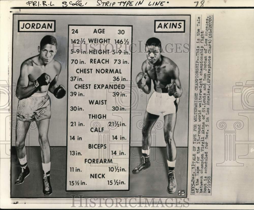 1958 Press Photo Boxers Virgil Akins &amp; Don Jordan&#39;s tale of the tape - pis06699- Historic Images