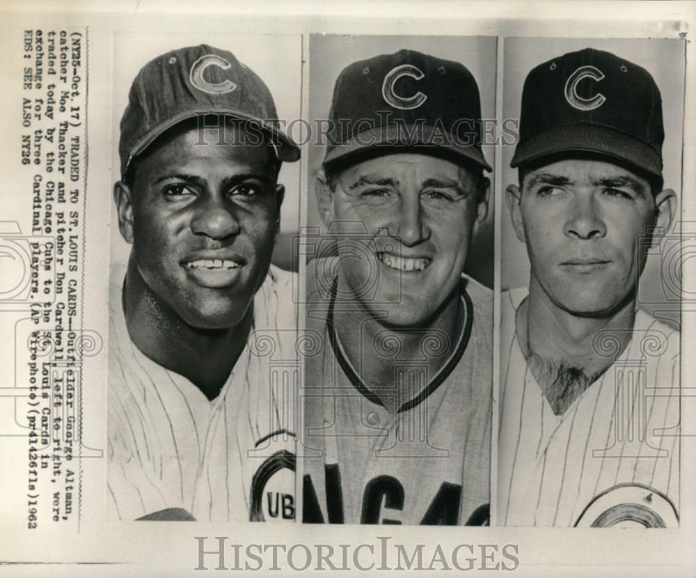 1962 Press Photo Chicago Cubs&#39; George Altman, Moe Thacker &amp; Don Cardwell- Historic Images