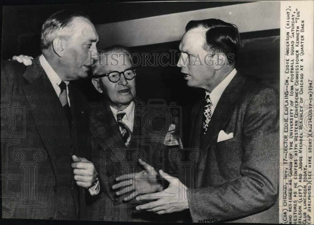 1947 Press Photo Kenneth Wilson, Michael McKinley & Eddie Anderson, Football, IL- Historic Images