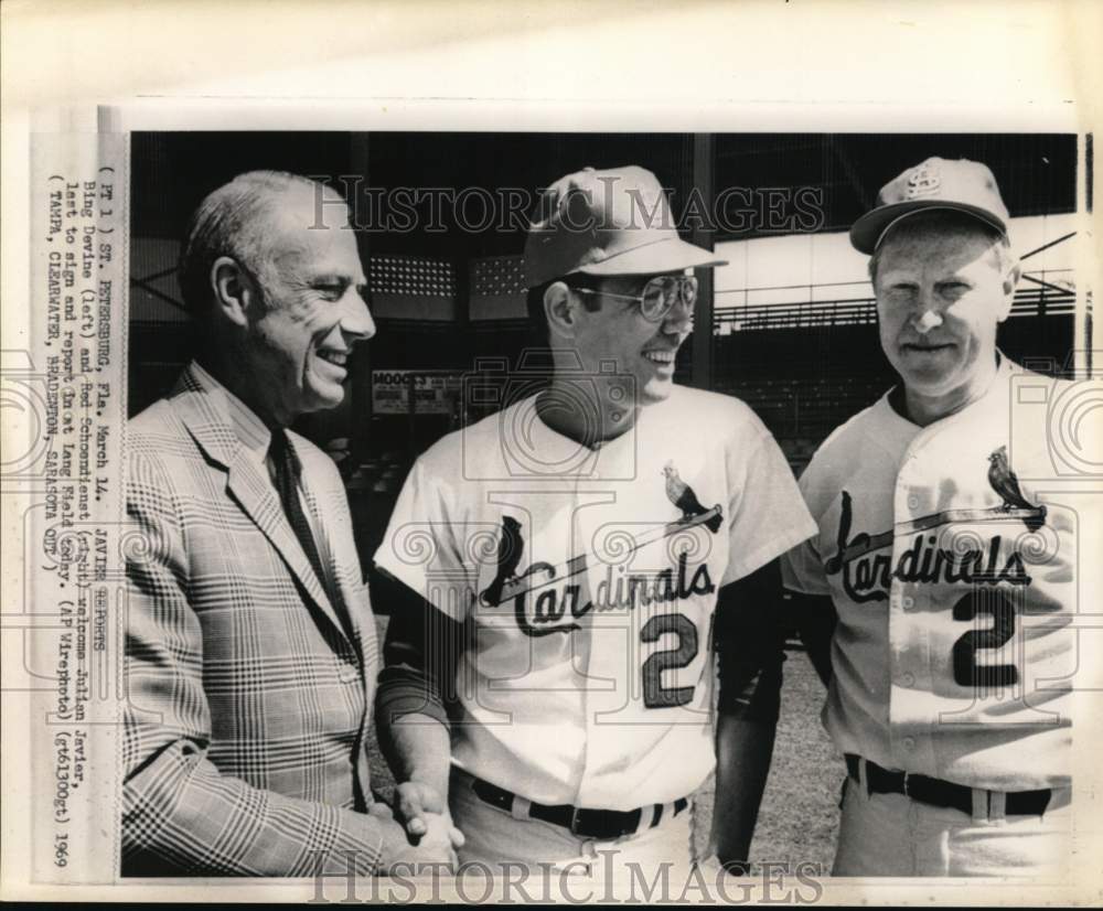 1969 Press Photo Bing Devine, Julian Javier & Red Schoendienst, Baseball, FL- Historic Images