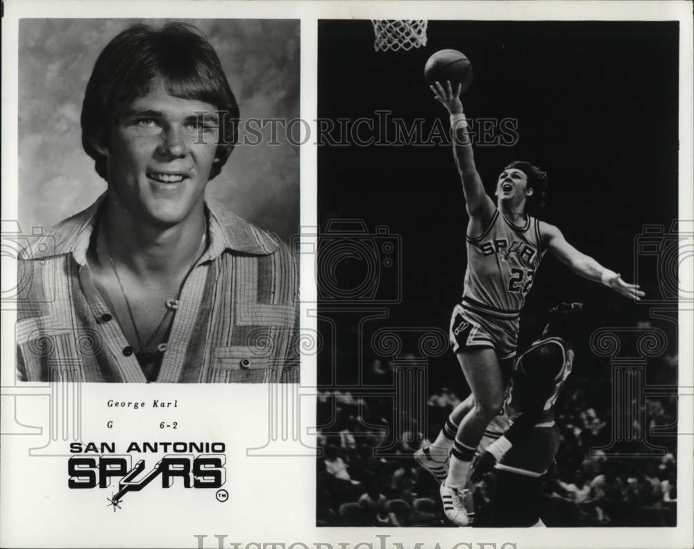 1977 Press Photo San Antonio Spurs&#39; guard George Karl &amp; basketball game- Historic Images