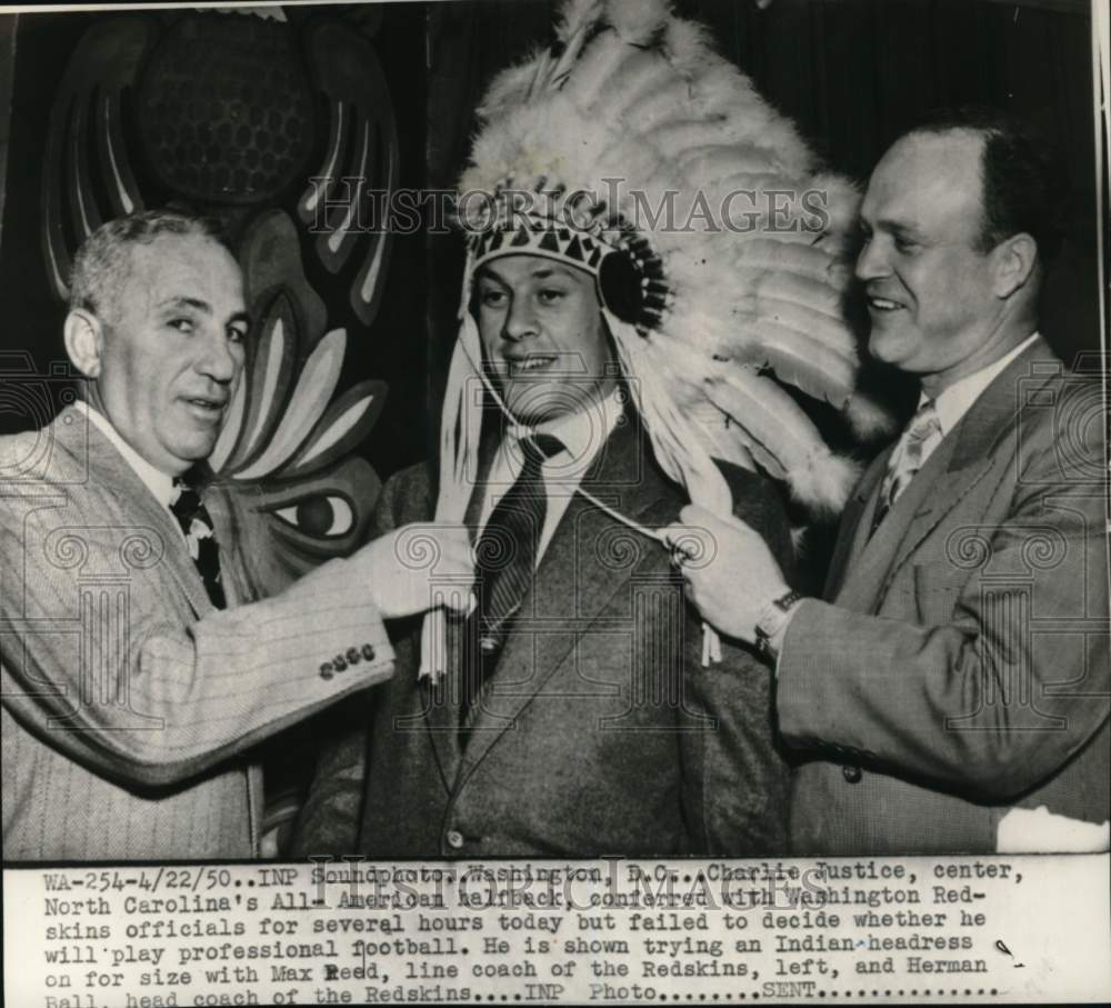 1950 Press Photo Max Reed, Charlie Justice & Herman Ball, Football, D.C.- Historic Images