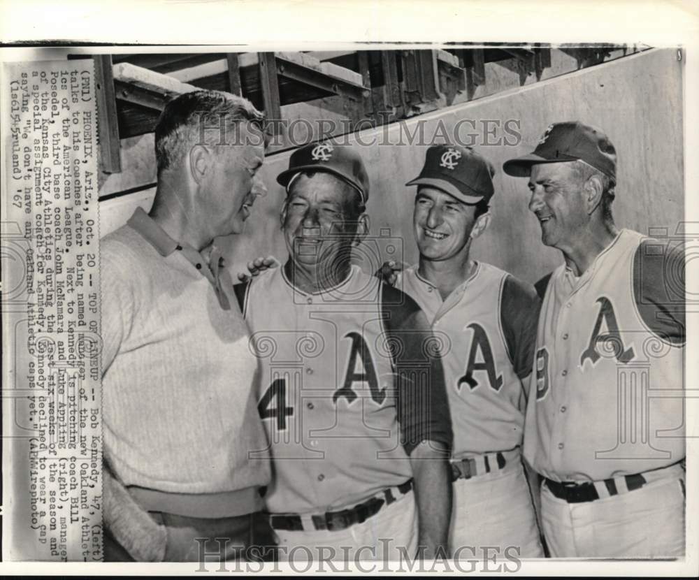 1967 Press Photo Athletics&#39; manager Bob Kennedy &amp; his coaches, Baseball, Arizona- Historic Images