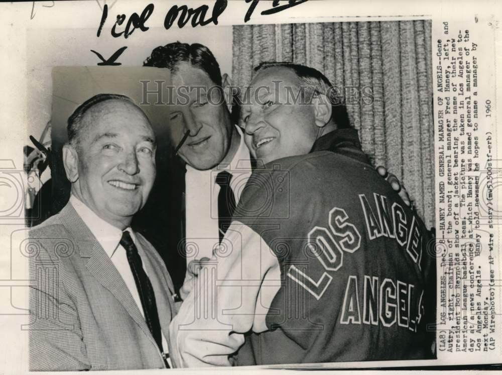 1960 Press Photo New Angel Baseball Team&#39;s Fred Haney, Bob Reynolds, Gene Autry- Historic Images