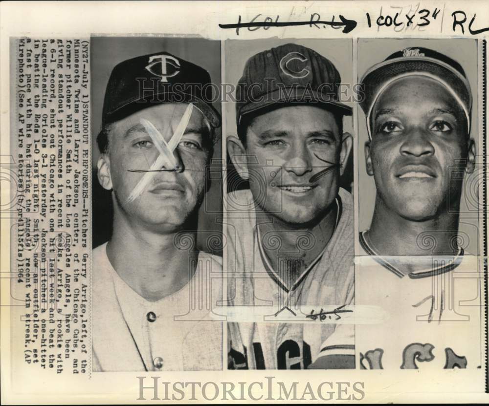 1964 Press Photo Gerry Arrigo, Larry Jackson &amp; Willie Smith, Baseball- Historic Images