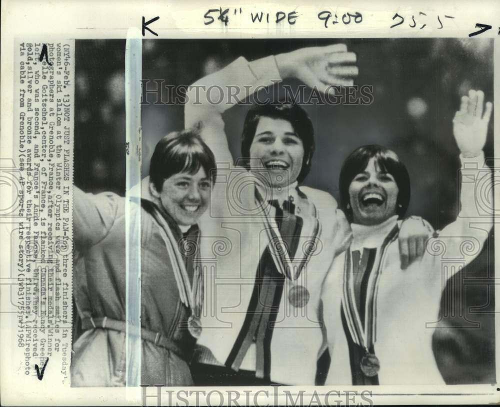 1968 Press Photo Marielle Goitschel, Nancy Greene, Annie Famose, skiing, France- Historic Images
