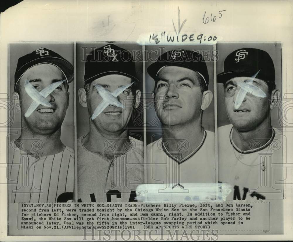 1961 Press Photo Billy Pierce, Don Larsen, Ed Fisher, Don Zanni, baseball trade- Historic Images